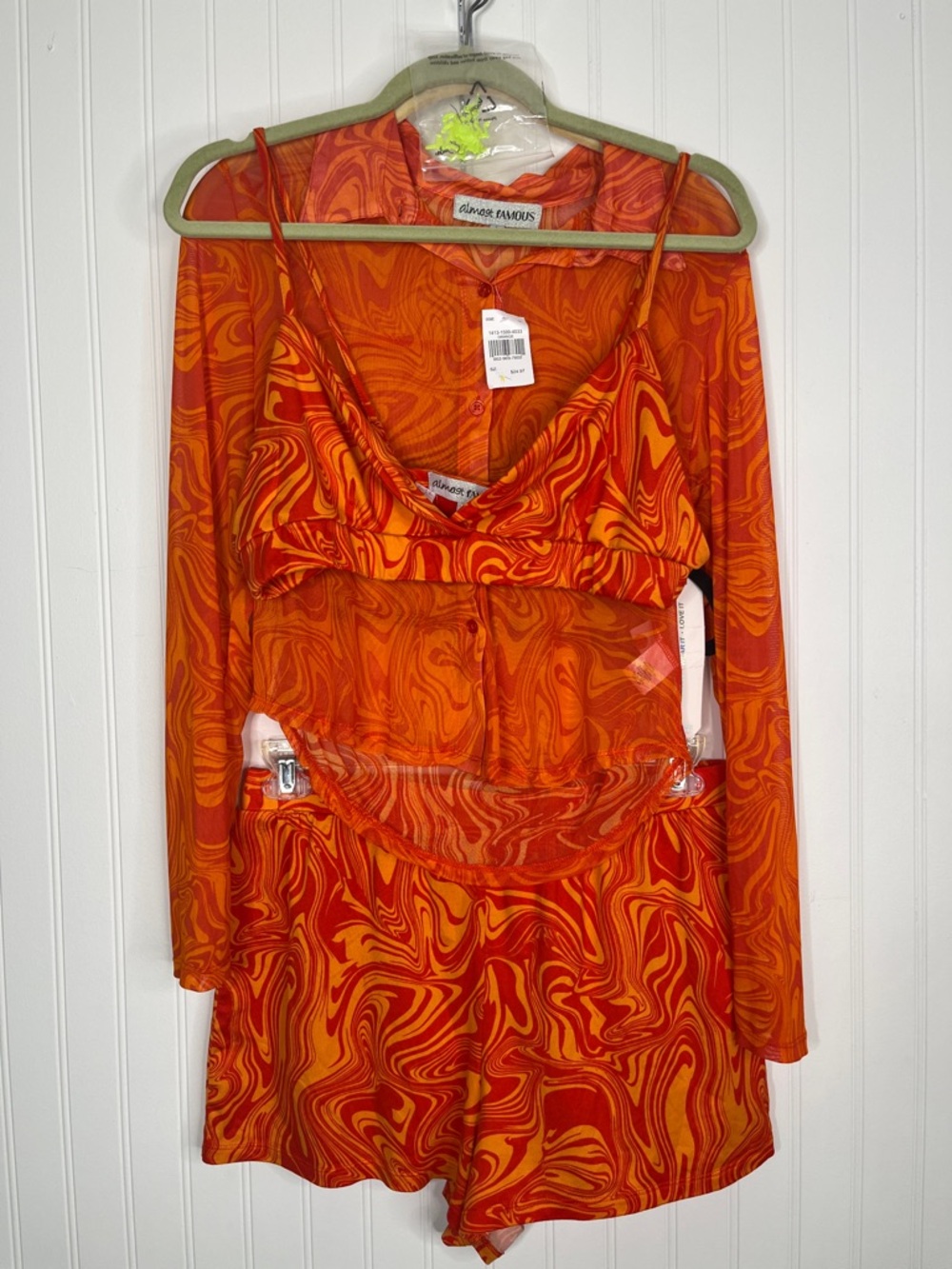 9. Almost Famous Swirl 3-Piece Set Top Mesh Cardigan Shorts earrings bundle